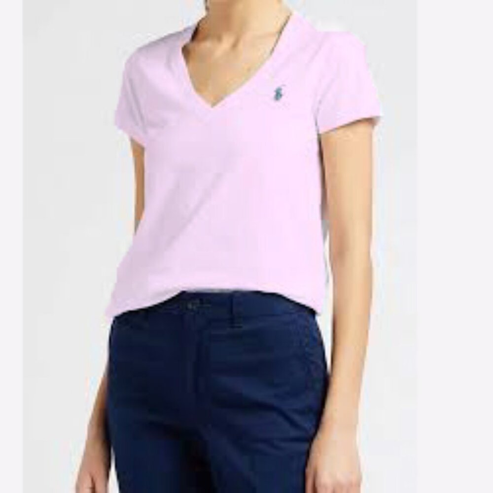 Ralph Lauren Polo Women's Classic Pony Logo V-Neck Tee: Pink/Aqua Blue  -Small